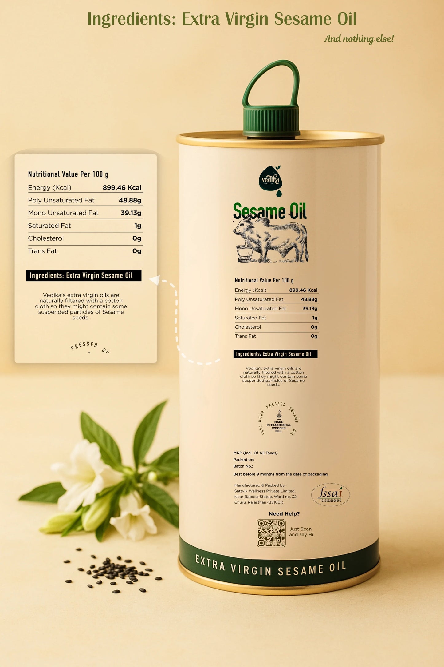 Vedika Organics Extra Virgin Sesame Oil (1_litre) Tin
