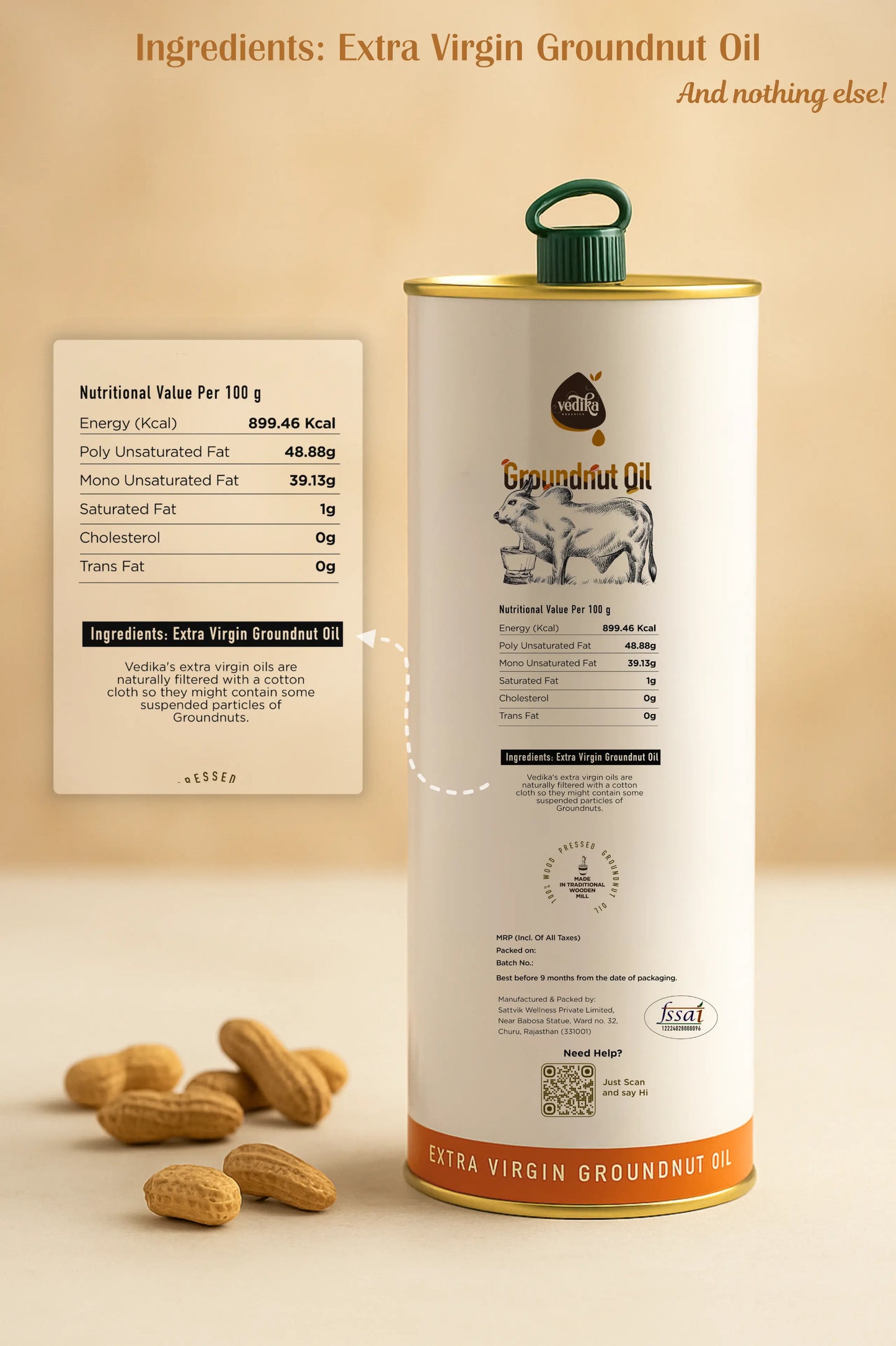 Vedika Organics Extra Virgin Groundnut Oil (1_litre) Tin