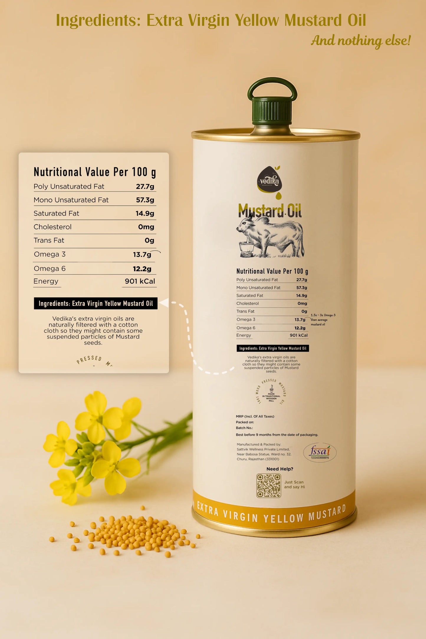 Vedika Organics Extra Virgin Yellow Mustard Oil (1 litre) Tin