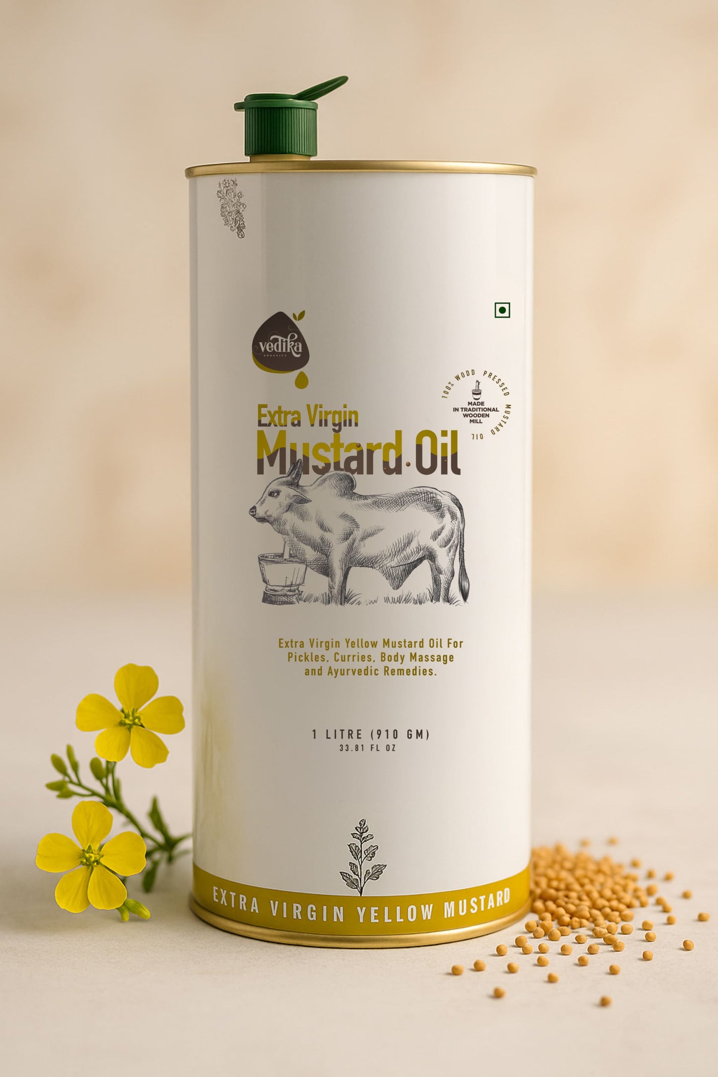 Vedika Organics Extra Virgin Yellow Mustard Oil (1 litre) Tin