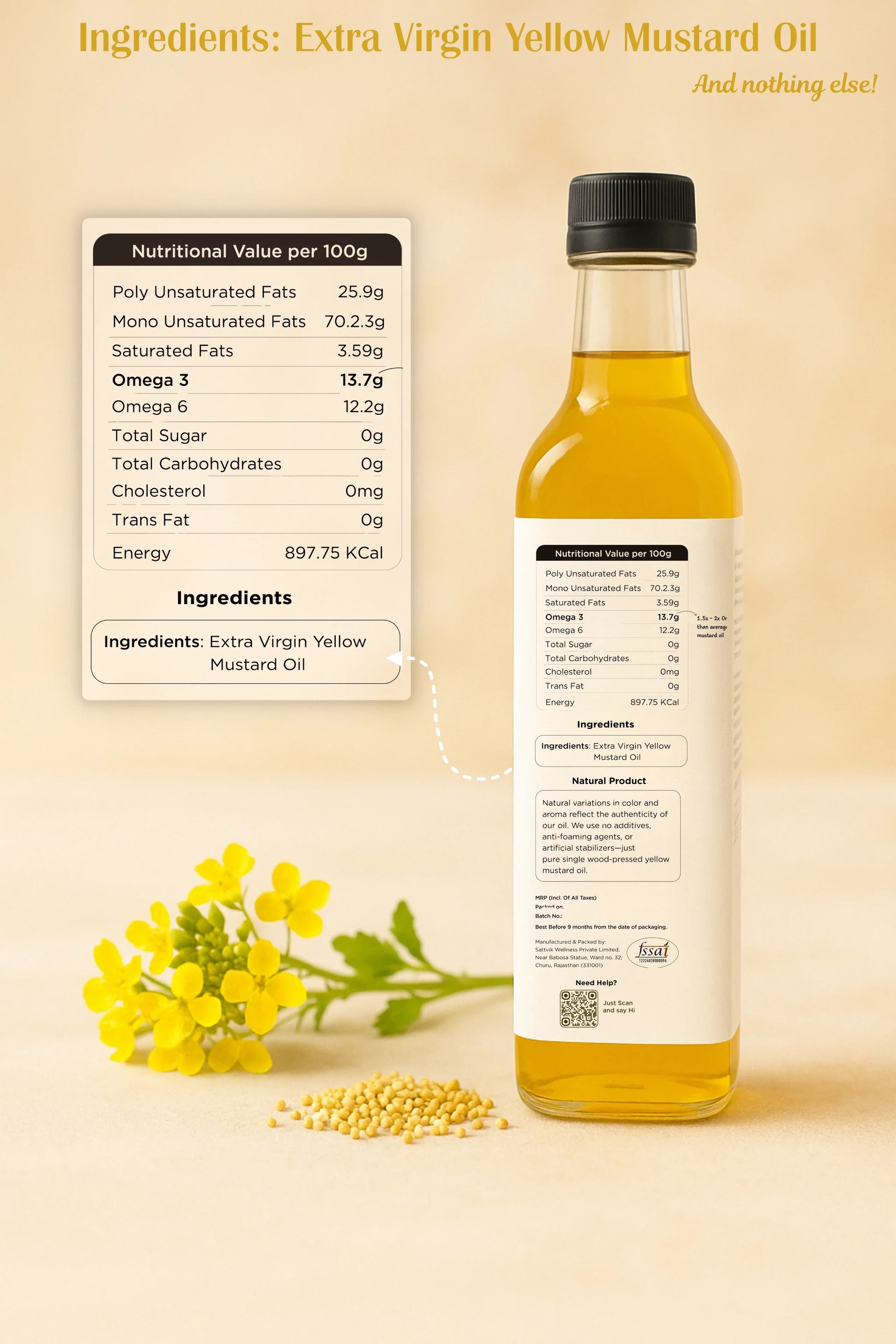 Vedika Organics Extra Virgin Yellow Mustard Oil (1 litre)