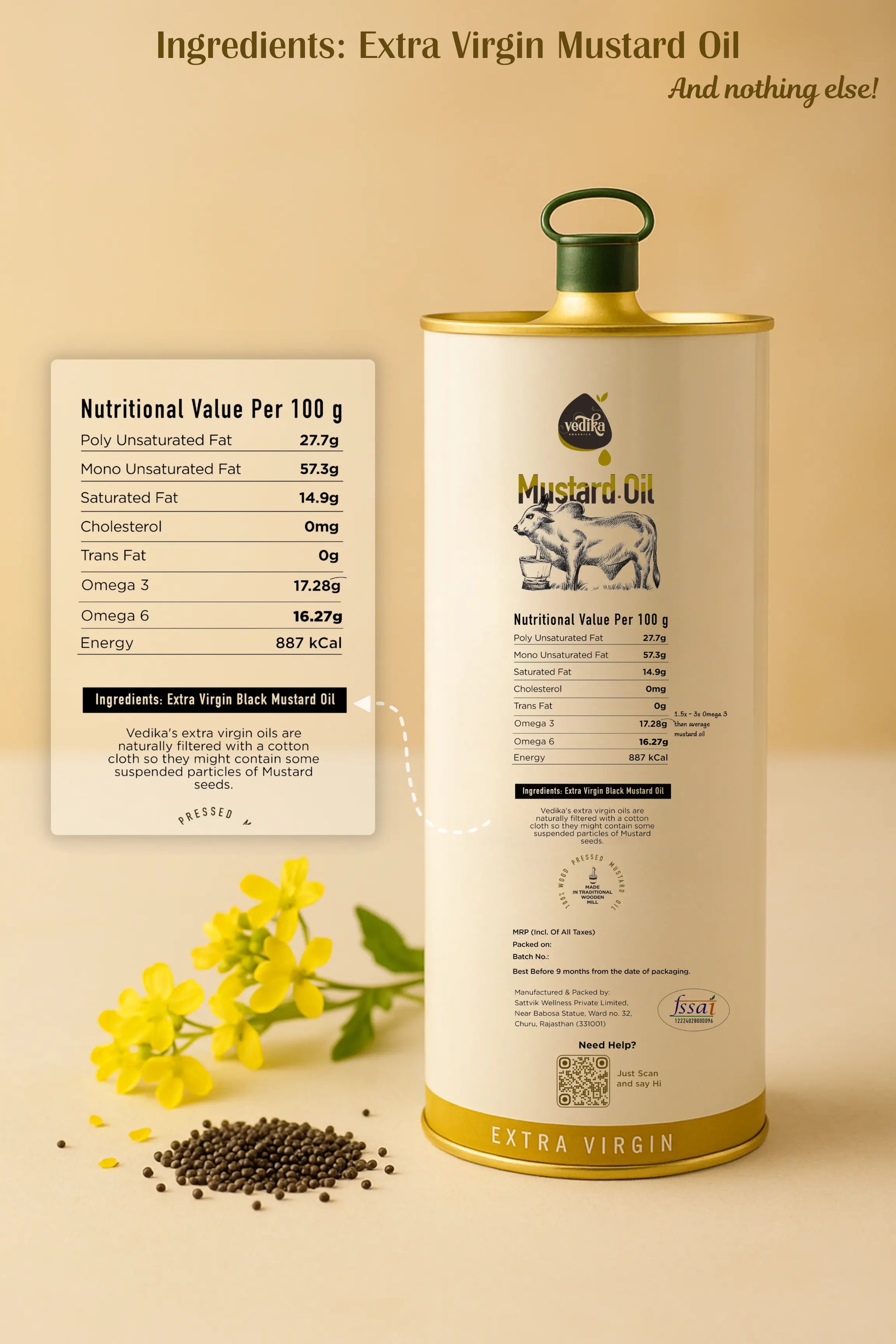 Vedika Organics Extra Virgin Kachi  Ghani Mustard Oil (1 litre) Tin