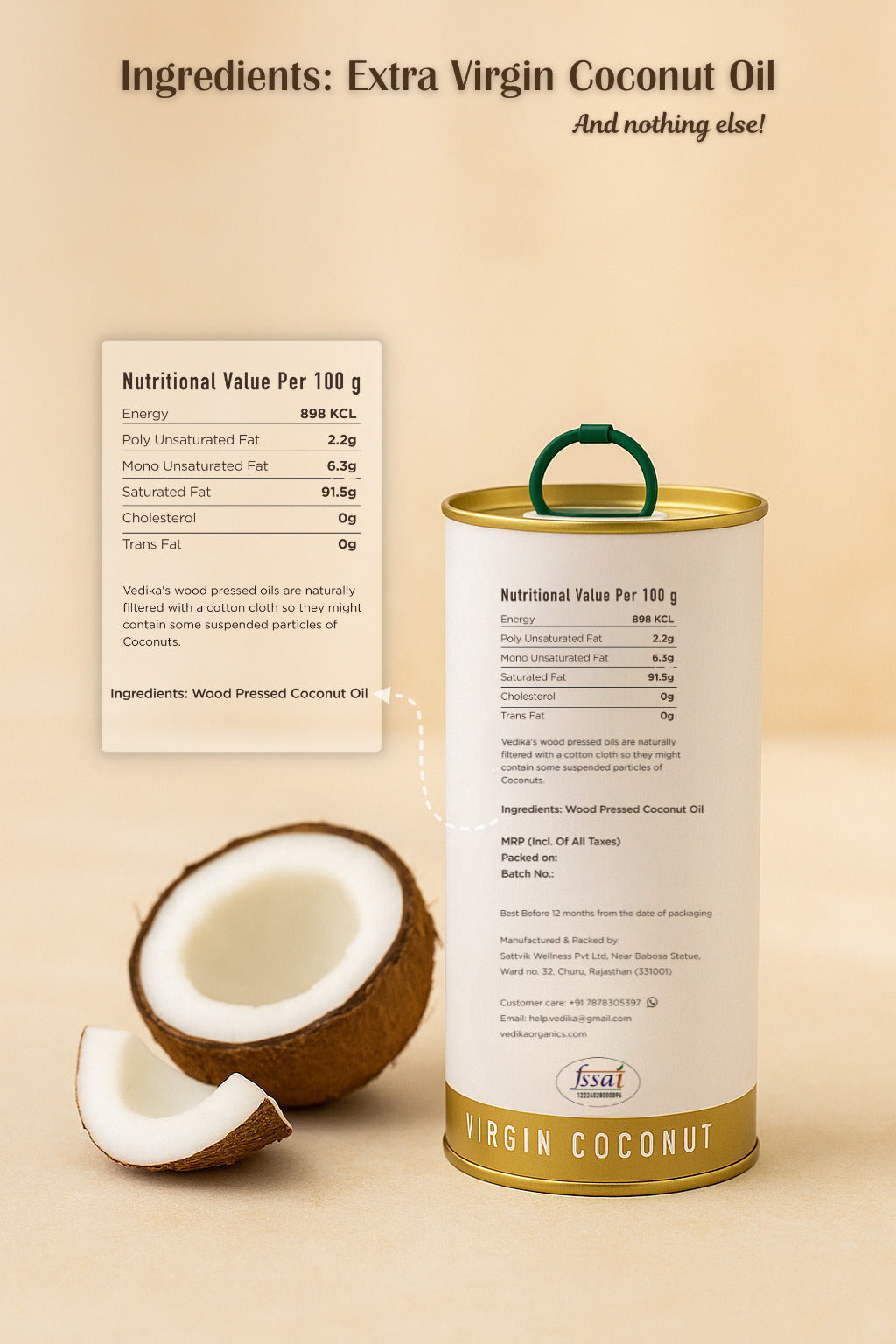 Vedika Organics Extra Virgin Coconut Oil (500_ml) Tin