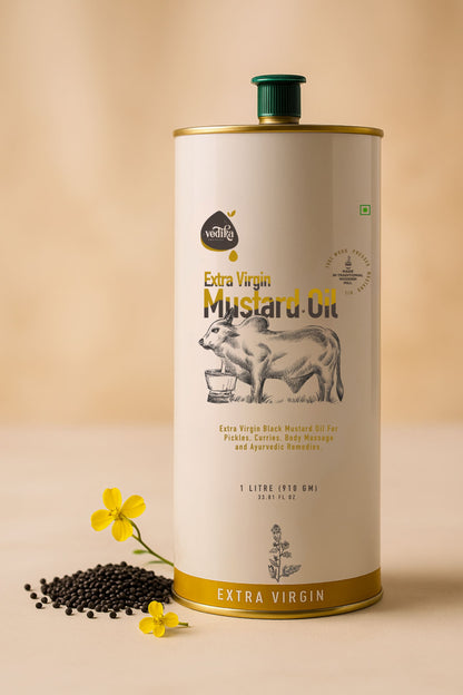 Vedika Organics Extra Virgin Kachi  Ghani Mustard Oil (1 litre) Tin