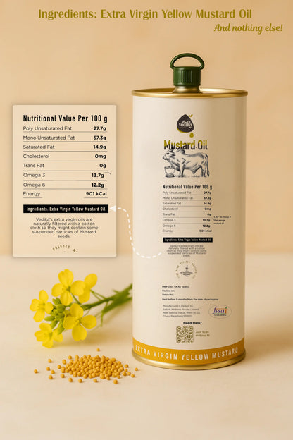 Vedika Organics Extra Virgin Yellow Mustard Oil (1 litre) Tin